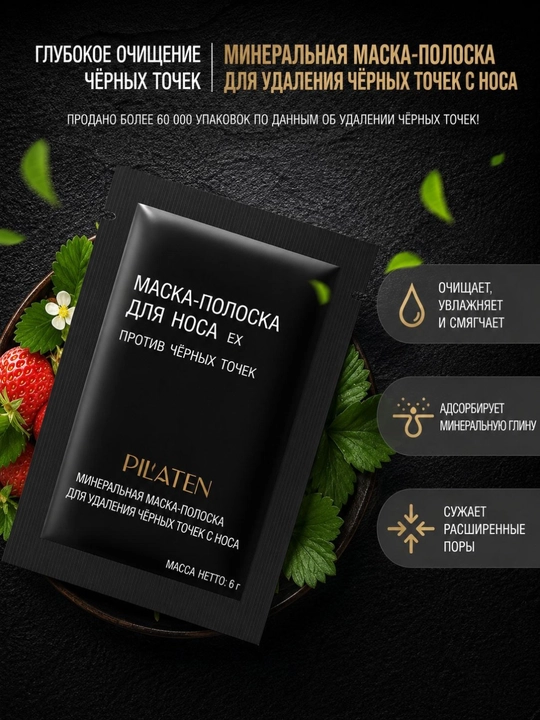Burundan qora nuqtalarni ketkazish uchun tozalovchi mineral niqob-tasma Pilaten Blackhead