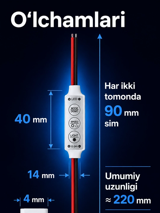 Interyer, avtomobil va reklama yoritishi uchun 12V LED modul va 12–24V kontroller