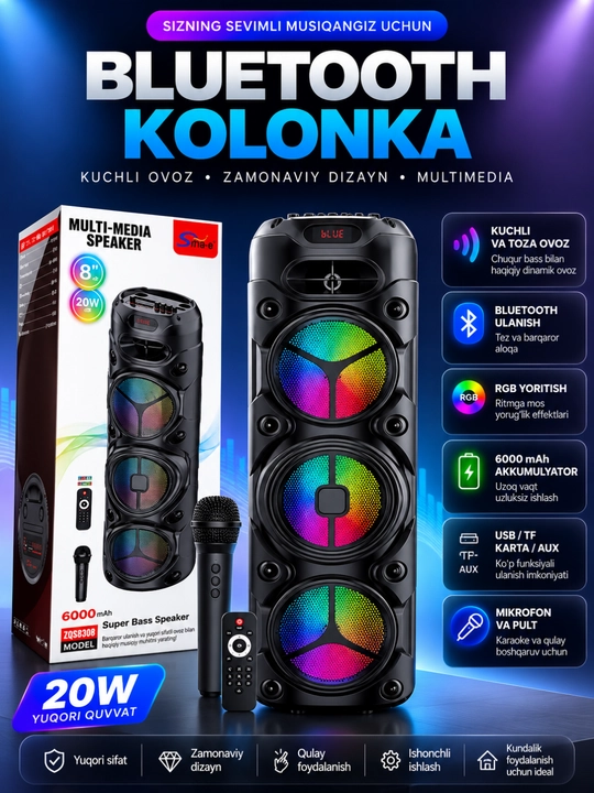 6000W Premium Bluetooth Karaoke Kolonkasi, Simsiz Mikrofon va Pult bilan RGB LED - 