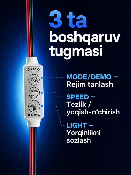 Interyer, avtomobil va reklama yoritishi uchun 12V LED modul va 12–24V kontroller