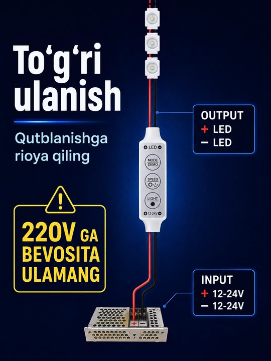 Interyer, avtomobil va reklama yoritishi uchun 12V LED modul va 12–24V kontroller