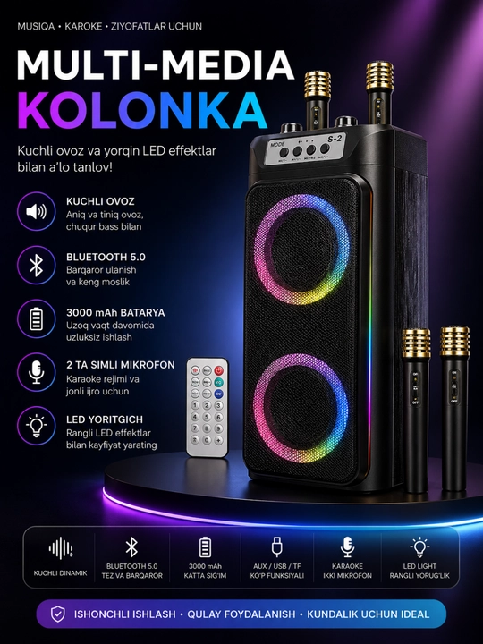 3000W Bluetooth Karaoke Kolonkasi, RGB LED, 2 ta Simsiz Mikrofon va Pult bilan - 