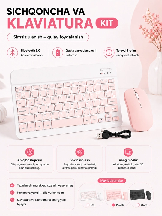 Simsiz Bluetooth klaviatura va sichqoncha telefon, noutbuk va planshet uchun