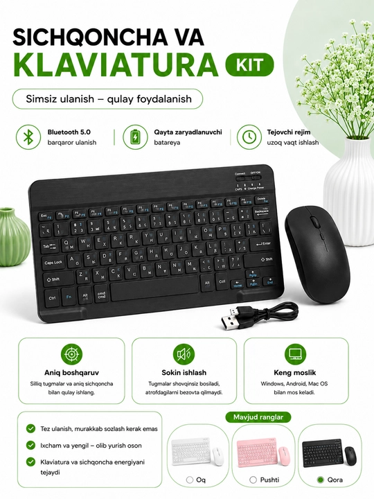 Simsiz Bluetooth klaviatura va sichqoncha telefon, noutbuk va planshet uchun