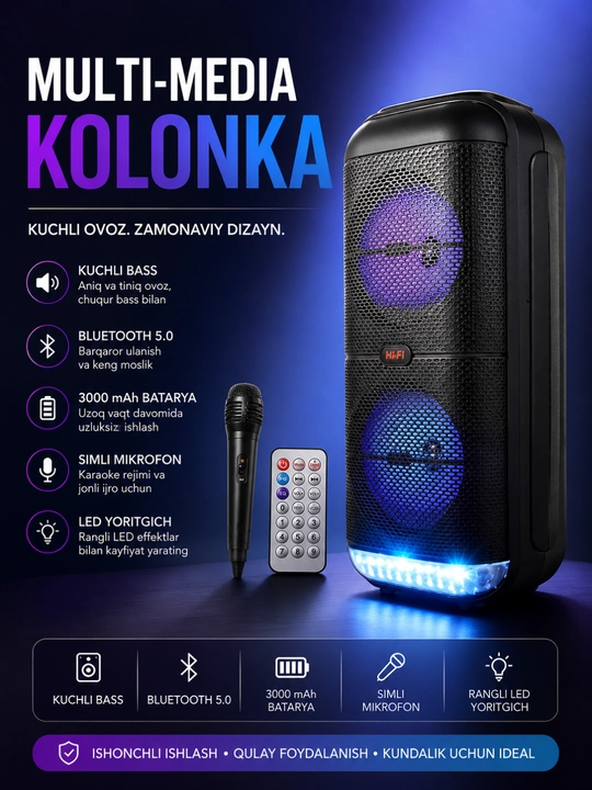 3000W Premium Bluetooth Karaoke Kolonkasi, RGB LED, Mikrofon va USB/TF Qo‘llab-quvvatlash - 