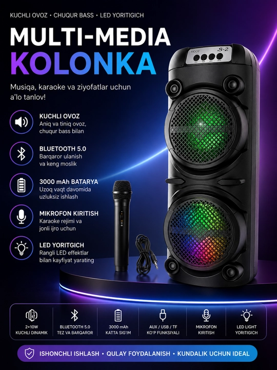3000W Bluetooth Karaoke Kolonkasi, RGB LED, Mikrofon va USB/TF Qo‘llab-quvvatlash - 