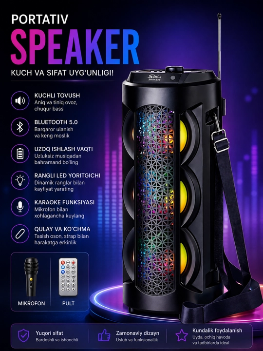 ZQS4303 Bluetooth Karaoke Kolonkasi, Mikrofon, RGB LED va Masofadan Boshqaruv Pulti - 