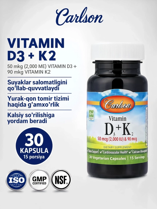 Carlson D3 vitamini 2000 ME + K2 vitamini, 30 ta vegetarian kapsulasi