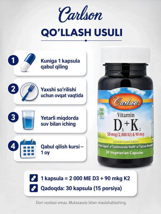 Carlson D3 vitamini 2000 ME + K2 vitamini, 30 ta vegetarian kapsulasi