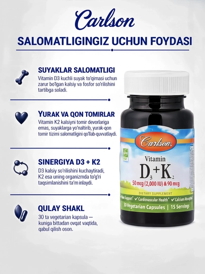 Carlson D3 vitamini 2000 ME + K2 vitamini, 30 ta vegetarian kapsulasi