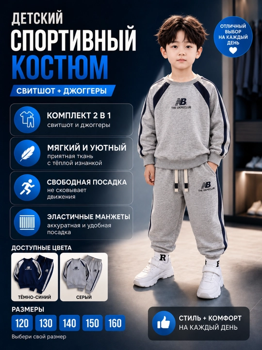 Детский утеплённый спортивный костюм, комплект свитшот и джоггеры - 