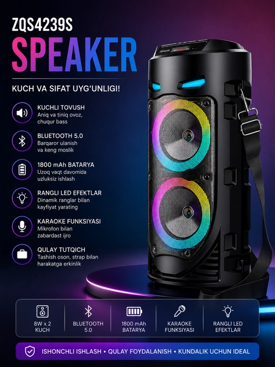 RGB LED, mikrofon va DU pulti bilan jihozlangan ko‘p funksiyali Bluetooth karaoke karnay - 