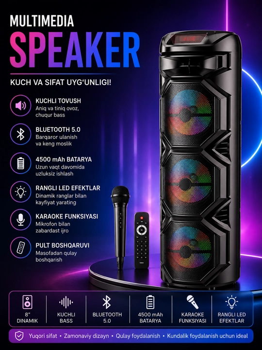 Ko‘p funksiyali Bluetooth karaoke kolonkasi RGB LED, simsiz mikrofon va pult bilan - 