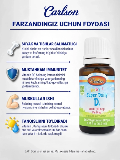 Carlson Super Daily bolalar uchun D3 vitamini 400 ME, suyuq D3 vitamini, 10,3 ml - 