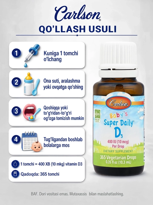 Carlson Super Daily bolalar uchun D3 vitamini 400 ME, suyuq D3 vitamini, 10,3 ml