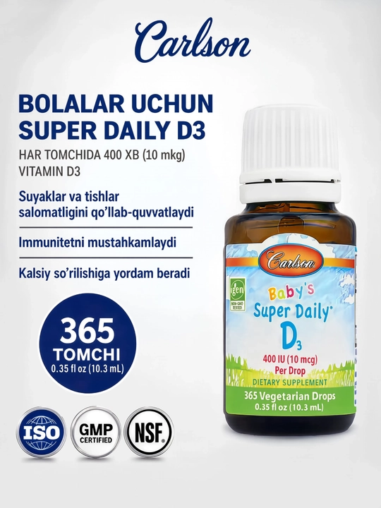 Carlson Super Daily bolalar uchun D3 vitamini 400 ME, suyuq D3 vitamini, 10,3 ml