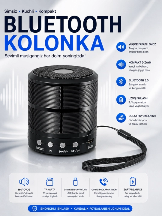 WS-887 Bluetooth Kolonka Simsiz Karnay FM Radio USB TF AUX Portativ Dinamik Qora - 