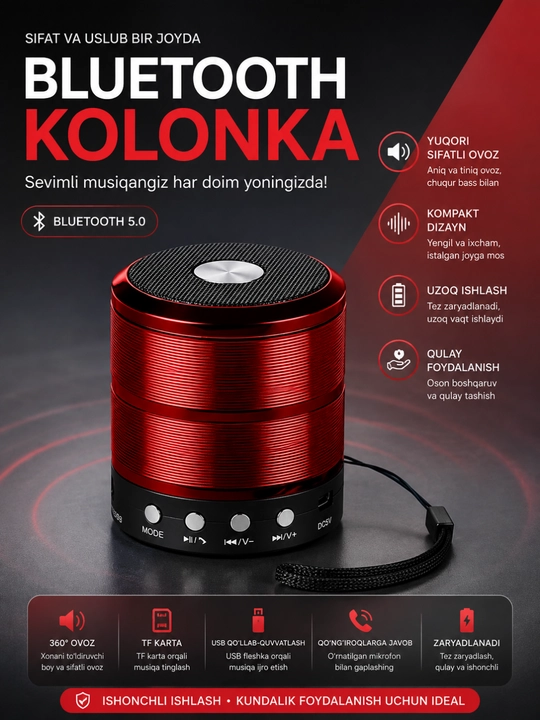 WS-887 Bluetooth Kolonka Simsiz Karnay FM Radio USB TF AUX Portativ Dinamik Qora - 