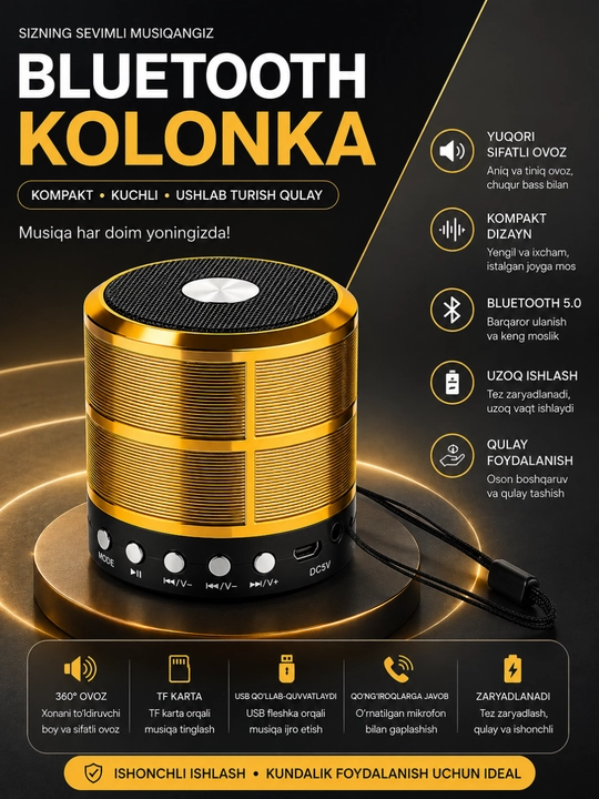WS-887 Bluetooth Kolonka Simsiz Karnay FM Radio USB TF AUX Portativ Dinamik Qora - 