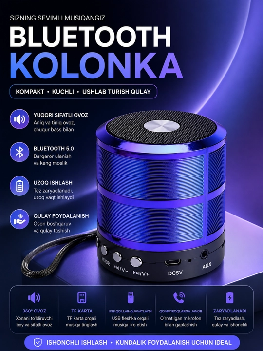 WS-887 Bluetooth Kolonka Simsiz Karnay FM Radio USB TF AUX Portativ Dinamik Qora - 