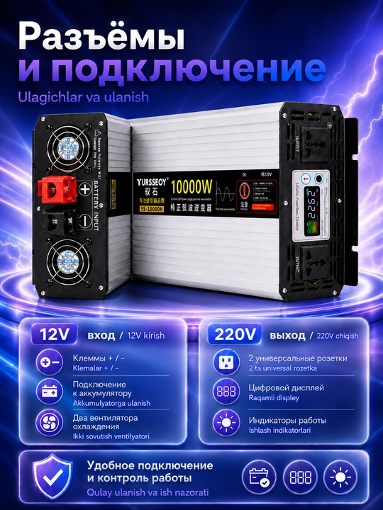 Инвертор автомобильный 12В - 220В с чистой синусоидой, для солнечных панелей и АКБ