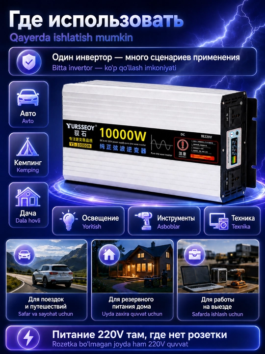 Инвертор автомобильный 12В - 220В с чистой синусоидой, для солнечных панелей и АКБ