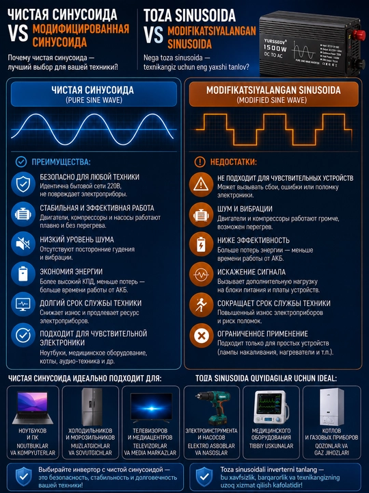 Avtomobil invertori 12V / 24V – 220V, sof sinus to‘lqinli, quyosh panellari va AKB uchun