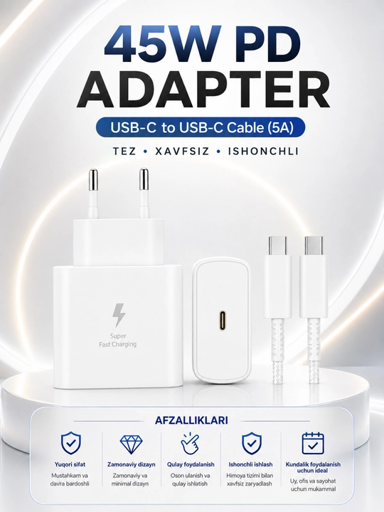 45W PD Tezkor Zaryadlovchi Adapter – USB-C 5A Kabel bilan Fast Charge Komplekti - 