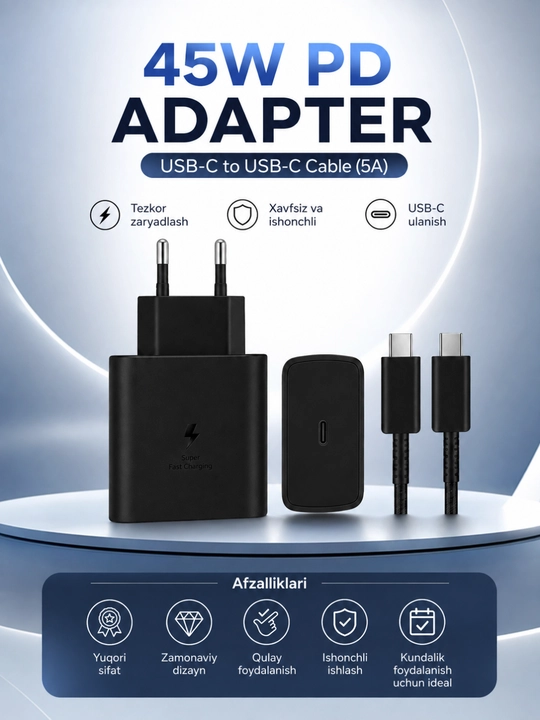 45W PD Tezkor Zaryadlovchi Adapter – USB-C 5A Kabel bilan Fast Charge Komplekti - 