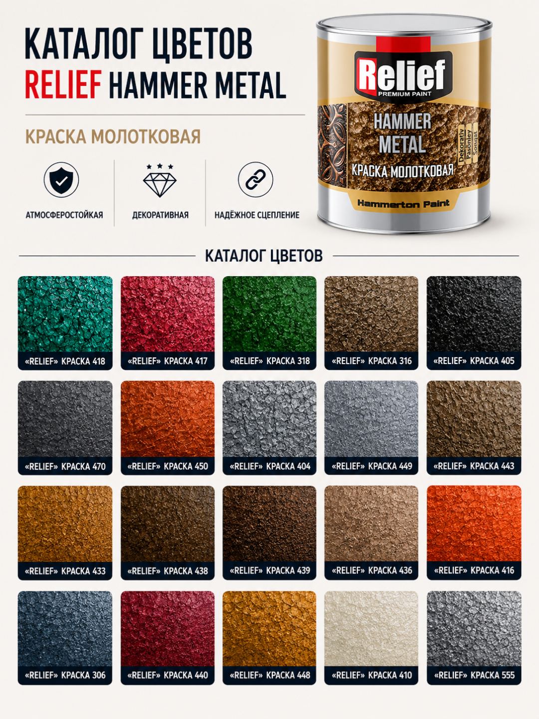 Краска молотковая Relief Hammer Metal для металла, декоративная, атмосферостойкая