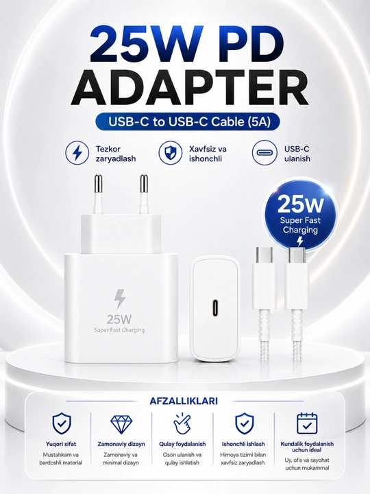 25W PD Tezkor Zaryadlovchi Adapter – USB-C 5A Kabel bilan Fast Charge Komplekti - 