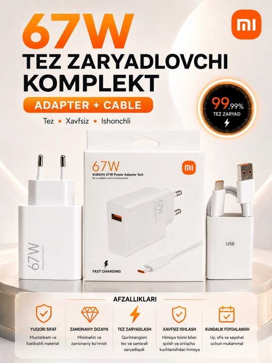 USB-C kabeli va adapteri bilan 33W / 67W / 120W tez quvvatlash qurilmasi - 