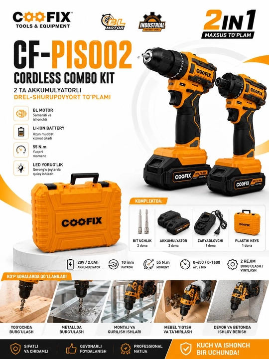COOFIX CF-PISO02 Аккумуляторный Набор Шуруповёртов – 2 Дрели-Шуруповёрта, BL Motor, Кейc - 