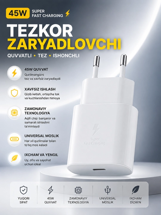 Universal 45W USB-C tezkor zaryadlovchi adapter - 