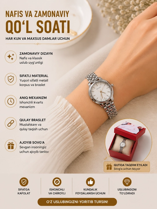 Ayollar qo‘l soati, nafis, klassik dizaynli, kvarts mexanizmli