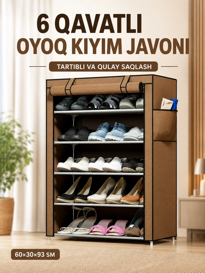 Oyoq kiyim uchun javon, 6 qavatli yopiq poyabzal tokchasi, 60×30×93 sm - 
