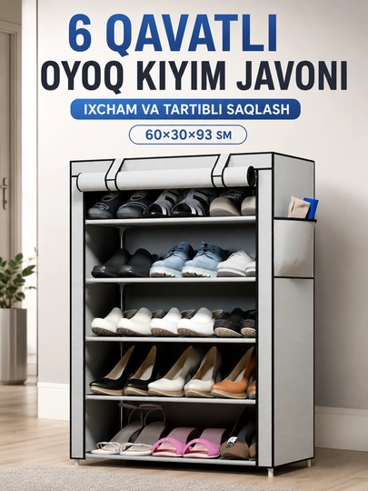 Oyoq kiyim uchun javon, 6 qavatli yopiq poyabzal tokchasi, 60×30×93 sm - 