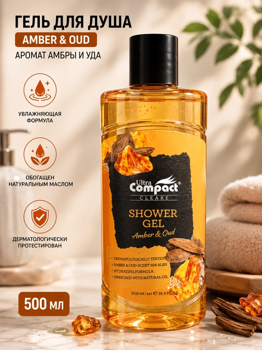 Гель для душа Ultra Compact Cleare Amber & Oud, увлажняющая формула, масло, 500 мл, для тела - 