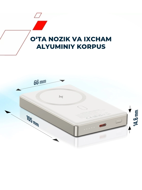 Simsiz magsafe power bank CANYON OnPower Slim, iphone uchun, 5000 mA, 10000 mA