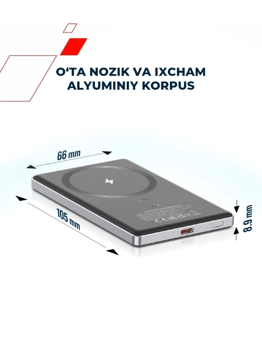 Simsiz magsafe power bank CANYON OnPower Slim, iphone uchun, 5000 mA, 10000 mA