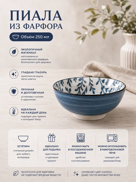Чайная пиала из фарфора 250 мл - 