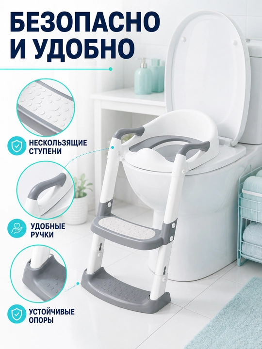 Детское сиденье для унитаза с лестницей, 2 ступени, складное, бело-серое