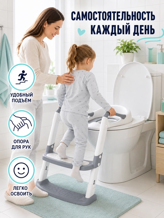 Детское сиденье для унитаза с лестницей, 2 ступени, складное, бело-серое