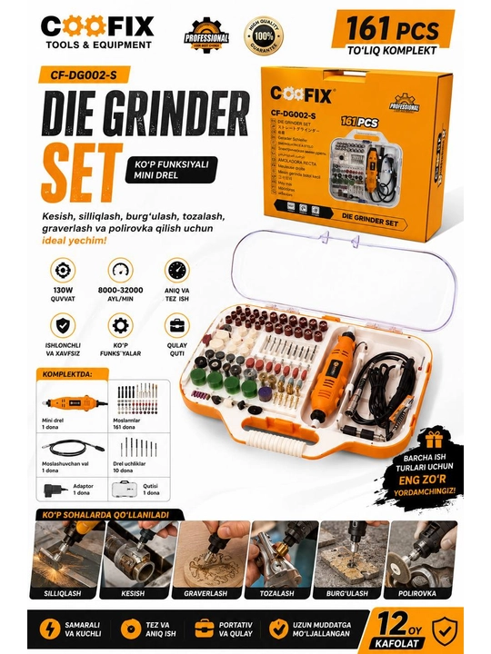 COOFIX CF-DG002-S Mini Drel Graver 161 Dona – Silliqlash, Kesish, Burg‘ulash va Polirovka - 