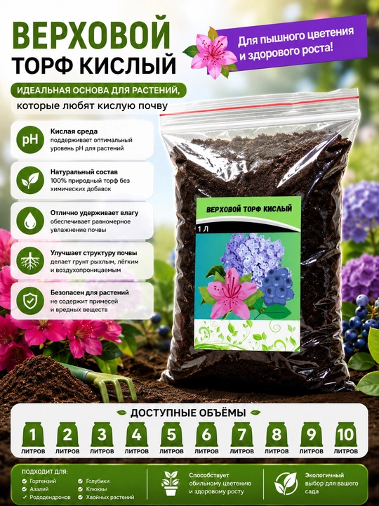 Верховой Торф Кислый c перлитом и вермикулитом для здорового роста и пышного цвецение - 