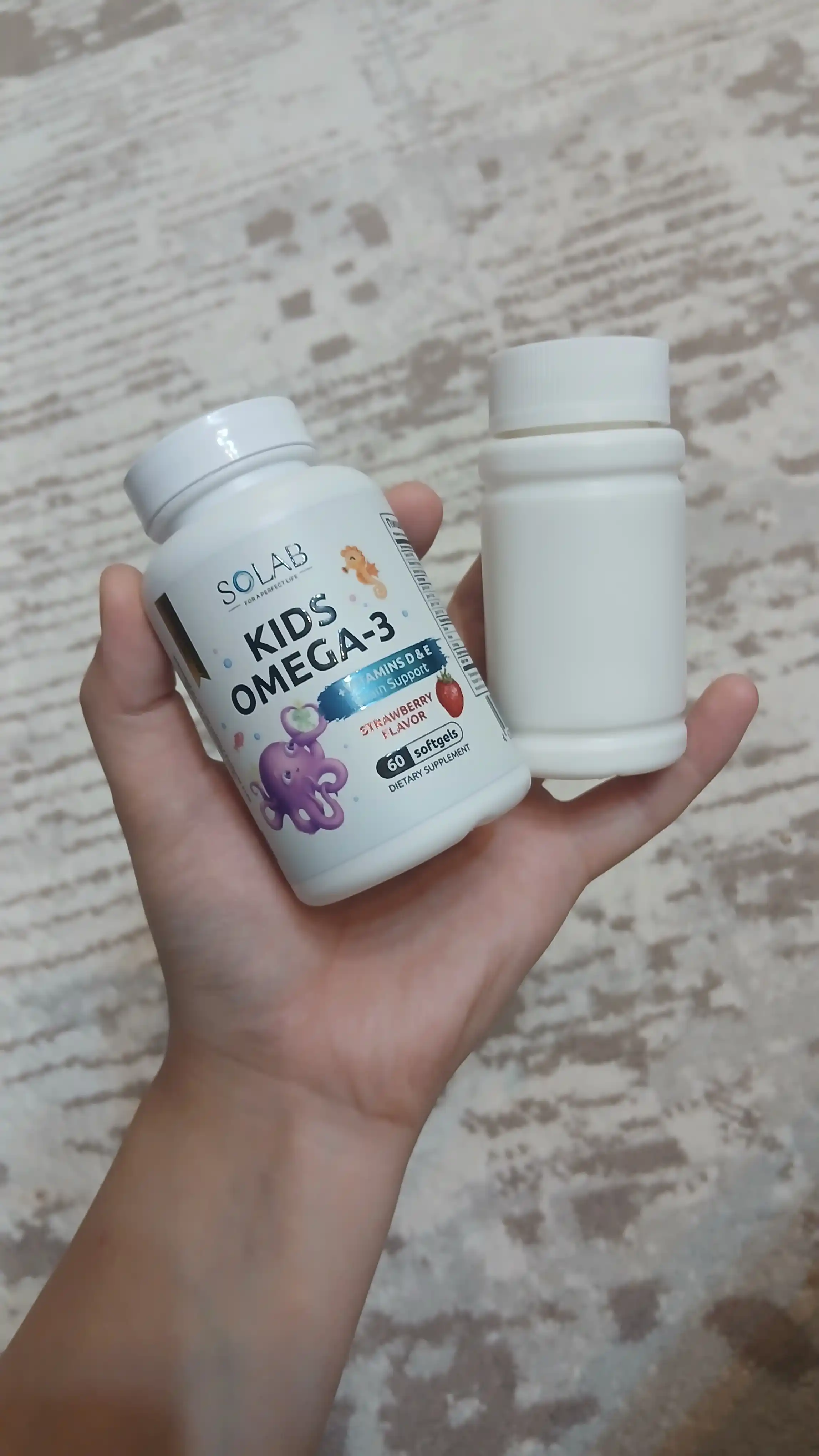 Omega-3, SOLAB, bolalar uchun + D va E vitamini bilan, qulupnay ta'mi, 60 kapsula