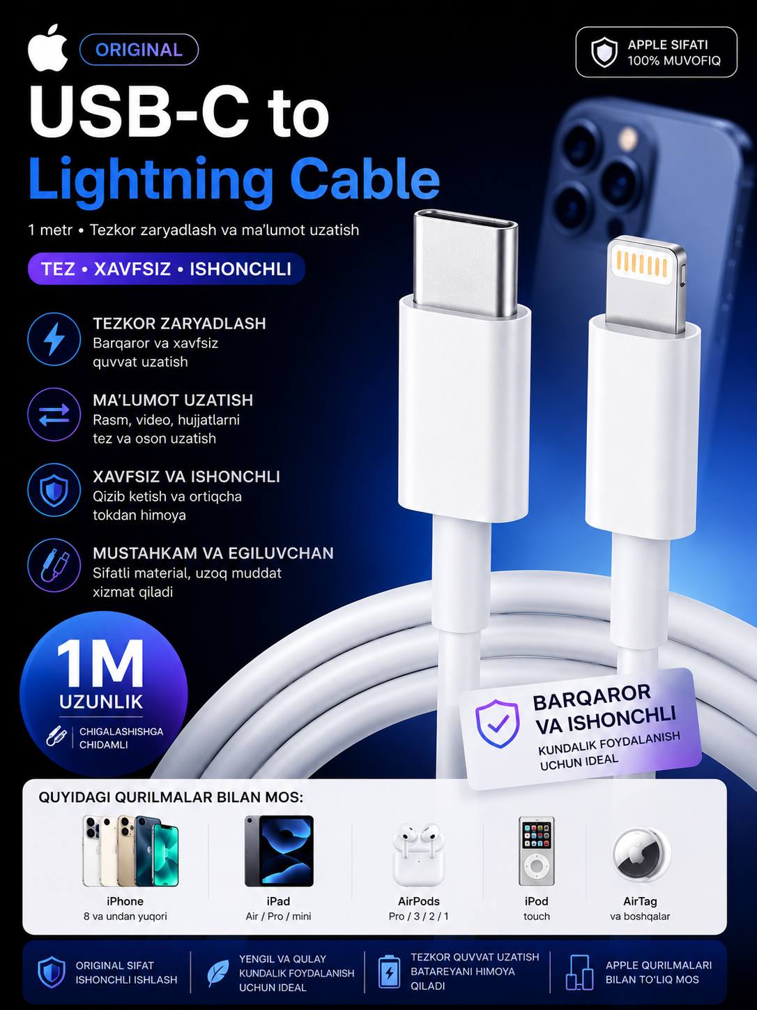 Apple USB-C to Lightning Cable (1 m) — zaryadlash va ma’lumot uzatish kabel - 