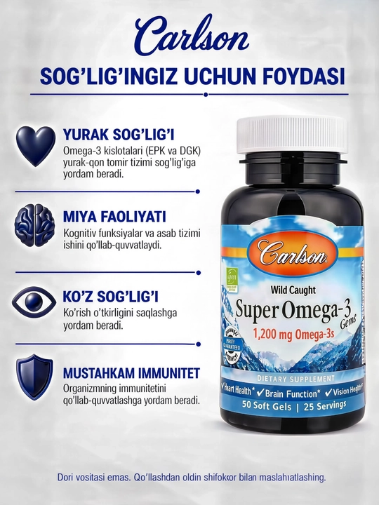 Carlson Super Omega-3, yovvoyi baliqdan olingan Omega-3, baliq yog‘i, 50 ta kapsula