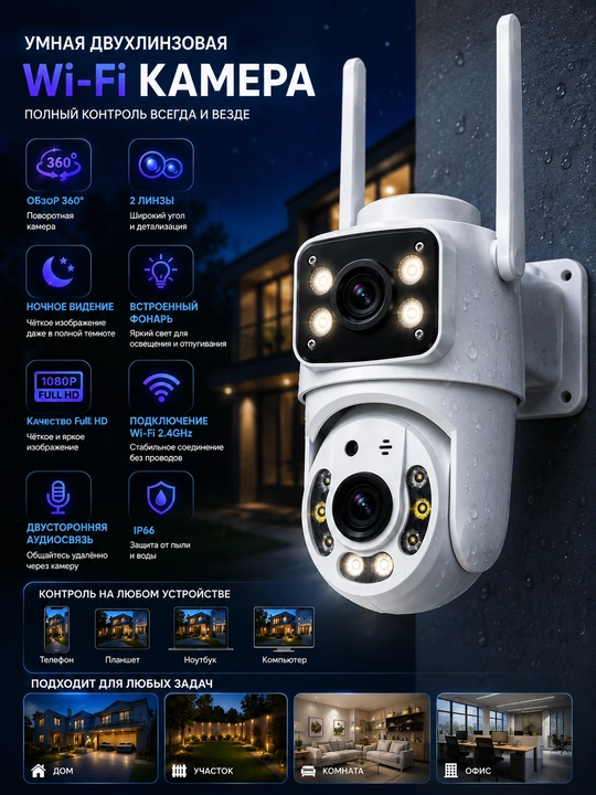 Умная Wi-Fi камера, камера видеонаблюдения, камера 360 Full HD,