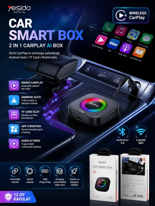 Yesido car smart box km 33 simsiz auto adapter avtomobil uchun ai box